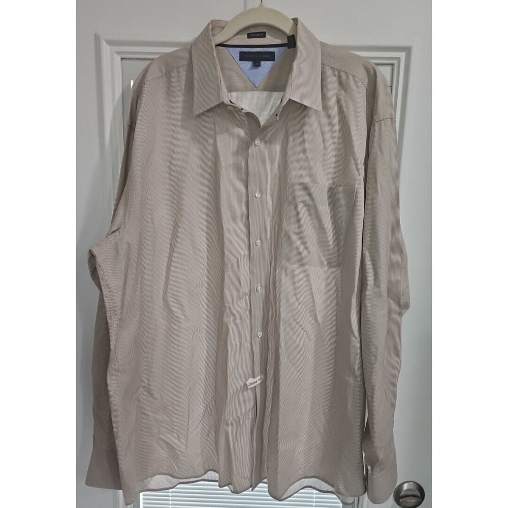Tommy Hilfiger Regular Fit Dress Shirt Men's Size 18‎ 36-37 Beige Long Sleeve